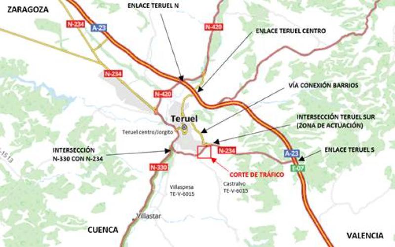 Afecciones al tráfico en la N-234 por las obras de mejora de la intersección con el acceso a Teruel por la Fuenfresca (N-223)