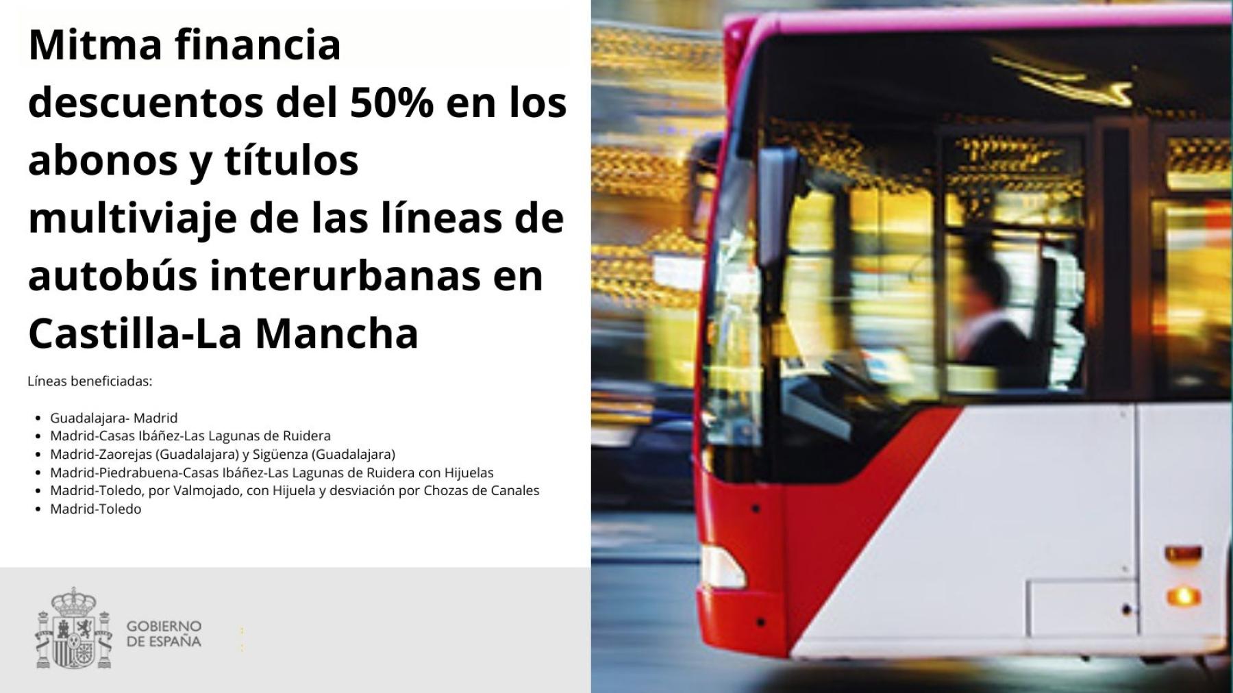 Mitma financia descuentos del 50% en los abonos y títulos multiviaje de las líneas de autobús interurbanas en Castilla-La Mancha